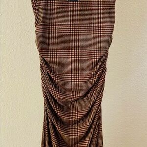 Veronica Bears Brown Tan Ruched Midi Pencil Dress